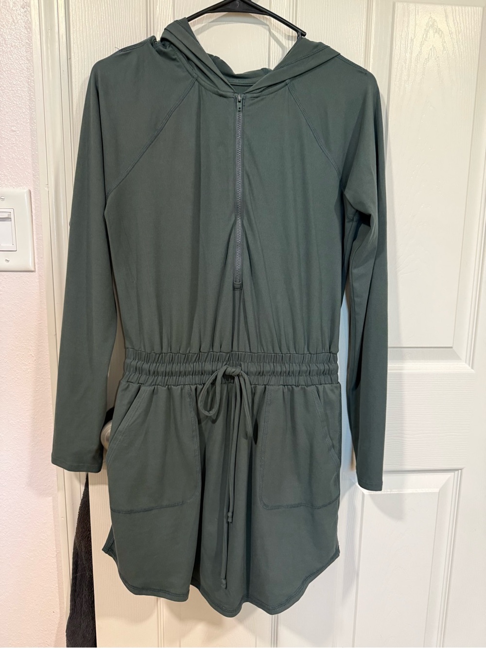Long Sleeve Hooded Romper dress in Olive Green
